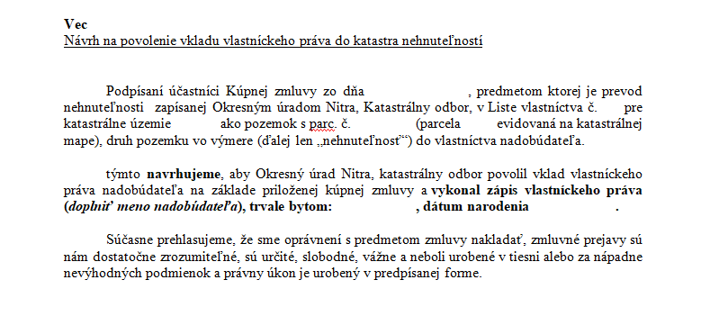 Návrh na vklad do katastru