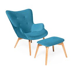 Akvamarínově modré křeslo a podnožka s podnoží v přírodní barvě Vivonita Cora Velvet