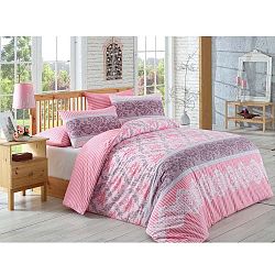 Bavlněné povlečení s prostěradlem na dvoulůžko Irene Pink, 200 x 220 cm