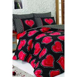 Bavlněné povlečení s prostěradlem na jednolůžko Corazones Rojas, 160 x 220 cm