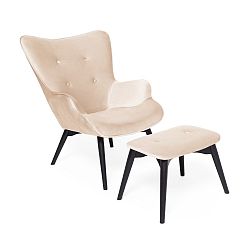 Béžové křeslo a podnožka s podnoží v černé barvě Vivonita Cora Velvet
