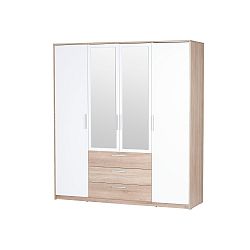 Bílá čtyřdvéřová šatní skříň s dubovým dekorem Szynaka Meble Milo