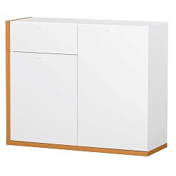 Bílá dvoudveřová komoda s 1 zásuvkou a detaily ve dřevěném dekoru Szynaka Meble Salvo