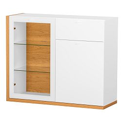 Bílá dvoudveřová komoda s 1 zásuvkou, levou poličkou a detaily ve dřevěném dekoru Szynaka Meble Salvo