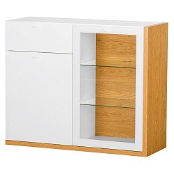 Bílá dvoudveřová komoda s 1 zásuvkou, pravou poličkou a detaily ve dřevěném dekoru Szynaka Meble Salvo