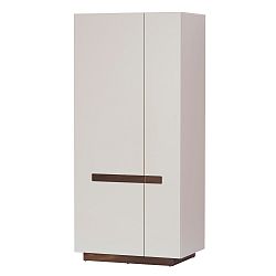 Bílá dvoudveřová šatní skříň s detaily ve dřevěném dekoru Szynaka Meble Kashmir