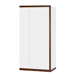 Bílá dvoudveřová šatní skříň s detaily ve dřevěném dekoru Szynaka Meble Malta