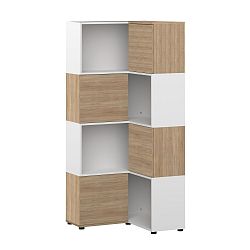 Bílá knihovna s detaily v dekoru dubového dřeva Symbiosis Angle