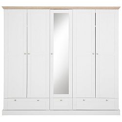 Bílá pětidveřová šatní skříň s detaily v dubovém dekoru Støraa Bruce