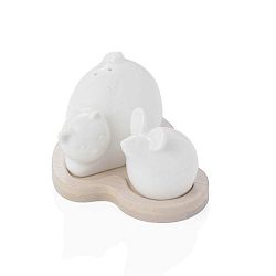 Bílá porcelánová slánka a pepřenka na bambusovém tácku Brandani Cat and Mouse