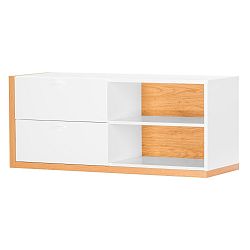 Bílá TV komoda se 2 zásuvkami a detaily ve dřevěném dekoru Szynaka Meble Salvo