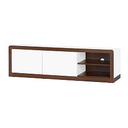 Bílá TV komoda se 2 zásuvkami, výklopem a detaily ve dřevěném dekoru Szynaka Meble Malta