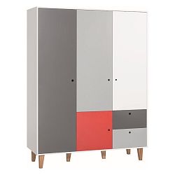 Bílo-šedá čtyřdveřová šatní skříň se červeným detailem Vox Concept