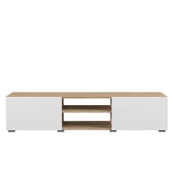 Bílý TV stolek s deskou v dekoru bukového dřeva TemaHome Podium