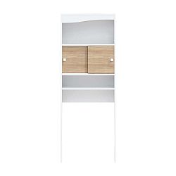 Bílý úložný systém s policemi a dvířky v dekoru dubového dřeva nad pračku TemaHome Wave