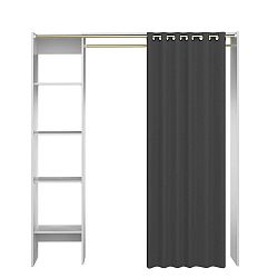 Bílý úložný systém s policemi a tmavě šedým závěsem TemaHome Tom