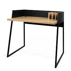 Černý pracovní stůl s detaily v dekoru dubového dřeva TemaHome Volga