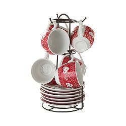 Červená sada 6 porcelánových hrnků na kávu se stojanem Unimasa