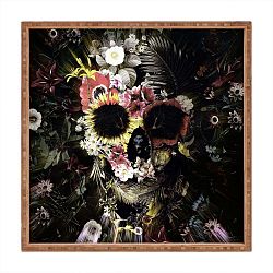 Dřevěný dekorativní servírovací tác Flowery Skull, 40 x 40 cm