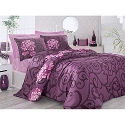 Fialové povlečení s prostěradlem na dvoulůžko Buket, 200 x 220 cm