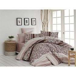 Hnědé bavlněné povlečení s prostěradlem na dvoulůžko Madeline, 200 x 220 cm