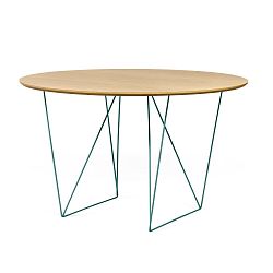 Jídelní stůl v dekoru dubového dřeva se zeleným podnožím TemaHome Row, Ø120 cm