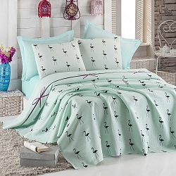 Lehká přikrývka s prostěradlem a s povlakem na polštáře Flamingo Mint, 200 x 235 cm