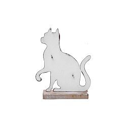Malá bílá kovová dekorace na dřevěném podstavci s motivem kočky Ego Dekor, 15 x 19,5 cm