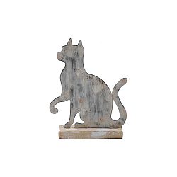 Malá šedá kovová dekorace na dřevěném podstavci s motivem kočky Ego Dekor, 15 x 19,5 cm