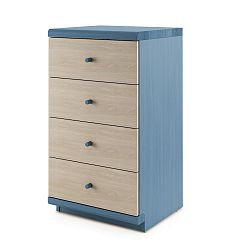 Modrá úzká komoda z masivního dubového dřeva se 4 zásuvkami JELÍNEK Amanta