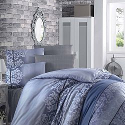 Modré povlečení s prostěradlem na jednolůžko Oyku, 160 x 220 cm