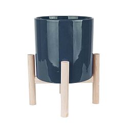 Modrý keramický květináč na podstavci z borovicového dřeva PT LIVING Trestle
