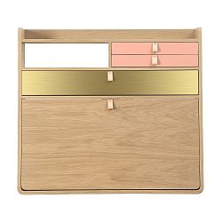 Nástěnný sekretář z dubového dřeva s meruňkově růžovými a mosaznými zásuvkami HARTÔ Gaston, šířka 80 cm