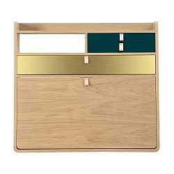 Nástěnný sekretář z dubového dřeva s petrolejově modrými a mosaznými zásuvkami HARTÔ Gaston, šířka 80 cm