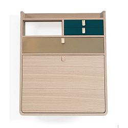 Nástěnný sekretář z dubového s petrolejově modrými a mosaznými zásuvkami dřeva HARTÔ Gaston, šířka 60 cm