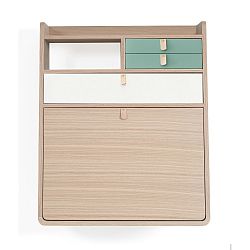 Nástěnný sekretář z dubového s šedozelenými a bílými zásuvkami dřeva HARTÔ Gaston, šířka 60 cm