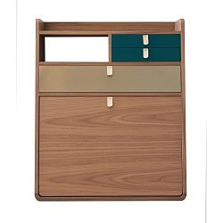 Nástěnný sekretář z ořechového dřeva s petrolejově modrými a mosaznými zásuvkami HARTÔ Gaston, šířka 60 cm