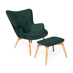 Petrolejově zelené křeslo a podnožka s podnoží v přírodní barvě Vivonita Cora Velvet