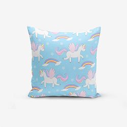 Povlak na polštář s příměsí bavlny Minimalist Cushion Covers Blue Background Unicorn Rainbows, 45 x 45 cm