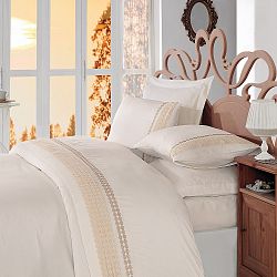 Povlečení z bavlněného saténu s prostěradlem na dvoulůžk Gold Ecru, 200 x 220 cm