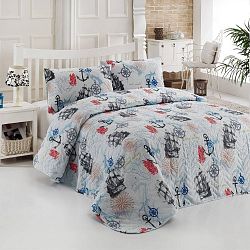 Prošívaný přehoz s povlaky na polštáře Marine Turquoise, 200x220 cm