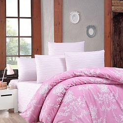 Růžové povlečení s prostěradlem na jednolůžko Gloria, 160 x 220 cm