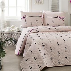 Růžový prošívaný lehký přehoz na dvoulůžko s povlaky na polštáře Flamingo Powder, 200 x 220 cm
