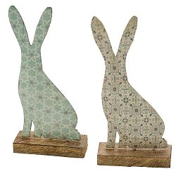 Sada 2 dřevěných dekorací z posmaltovaného kovu na dřevěném podstavci s motivem králíčka Ego Dekor, 11 x 22,5 cm