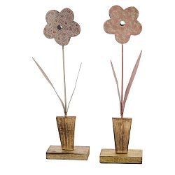 Sada 2 malých růžových dekorací z posmaltovaného kovu na dřevěném podstavci s motivem květiny Ego Dekor, 9 x 32,5 cm