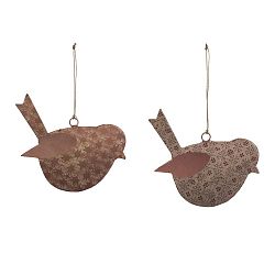 Sada 2 malých růžových závěsných dekorací z posmaltovaného kovu s motivem ptáčka Ego Dekor, 11,5 x 10,5 cm