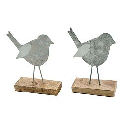Sada 2 malých šedých dekorací z posmaltovaného kovu na dřevěném podstavci s motivem ptáčka Ego Dekor, 11 x 15,5 cm