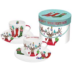 Sada 2 šálků z kostního porcelánu na espresso s vánočním motivem v dárkovém balení PPD Happy Witertime, 100 ml