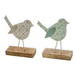 Sada 2 velkých dřevěných dekorací z posmaltovaného kovu na dřevěném podstavci s motivem ptáčka Ego Dekor, 15 x 17 cm