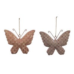 Sada 2 velkých růžových závěsných dekorací z posmaltovaného kovu s motivem motýla Ego Dekor, 15 x 11 cm